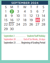 District School Academic Calendar for Fannin Middle for September 2024