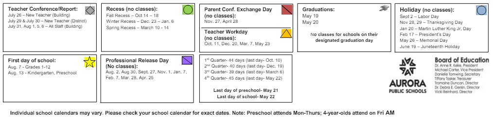 District School Academic Calendar Key for Aurora Academy Charter School