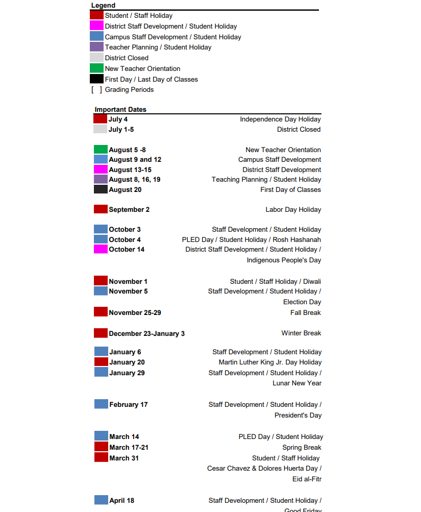District School Academic Calendar Key for Mcbee Elementary