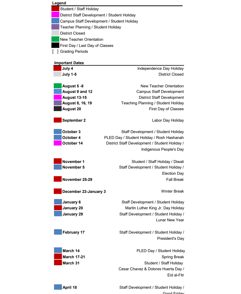 District School Academic Calendar Key for Alternative Learning Center