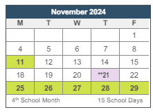 District School Academic Calendar for Sequoia Middle for November 2024