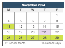 District School Academic Calendar for Three R's Academy for November 2024