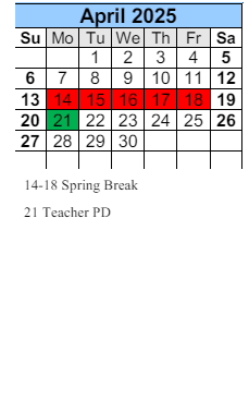 District School Academic Calendar for South Baldwin Center For Technology for April 2025