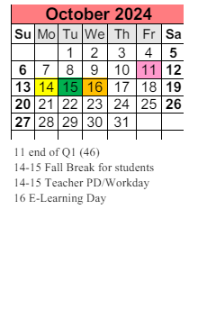 District School Academic Calendar for Elsanor School for October 2024