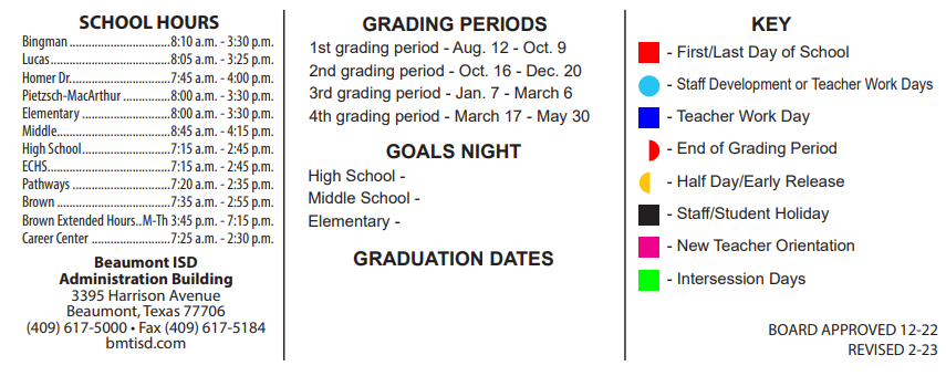 District School Academic Calendar Key for O C Taylor Ctr