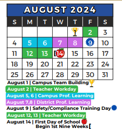 District School Academic Calendar for David E Smith Elementary for August 2024