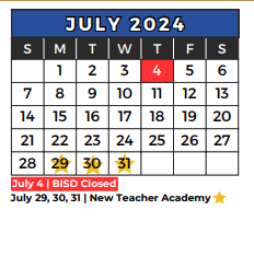 District School Academic Calendar for Foster Village Elementary for July 2024