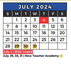 District School Academic Calendar for John D Spicer Elementary for July 2024