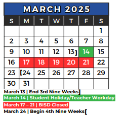 District School Academic Calendar for David E Smith Elementary for March 2025