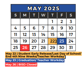 District School Academic Calendar for W A Porter Elementary for May 2025