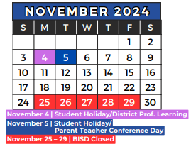District School Academic Calendar for O H Stowe Elementary for November 2024