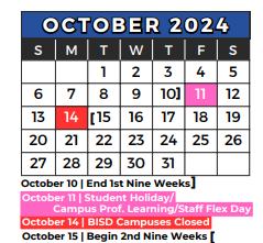 District School Academic Calendar for O H Stowe Elementary for October 2024