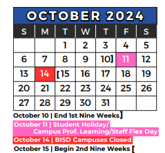 District School Academic Calendar for Homebound for October 2024