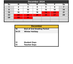 District School Academic Calendar for Epic School for December 2024