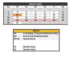 District School Academic Calendar for Adolescent Day Treatment for March 2025