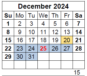District School Academic Calendar for Saeger Middle for December 2024