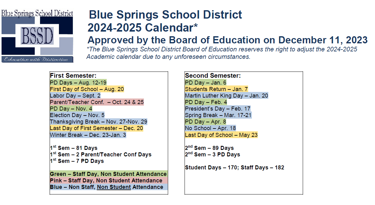 District School Academic Calendar Key for Saeger Middle
