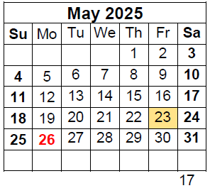 District School Academic Calendar for Saeger Middle for May 2025