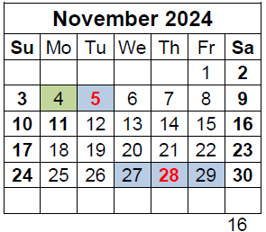 District School Academic Calendar for Saeger Middle for November 2024