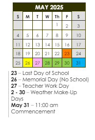 District School Academic Calendar for Helmsburg Elementary School for May 2025