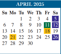 District School Academic Calendar for Cameron Co J J A E P for April 2025