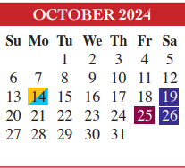 District School Academic Calendar for Cameron Co J J A E P for October 2024