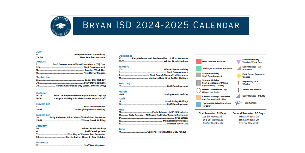 District School Academic Calendar Key for Bryan Early College High School