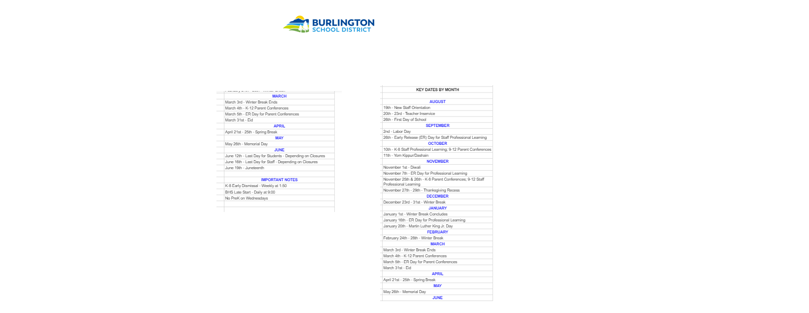 District School Academic Calendar Key for Champlain School