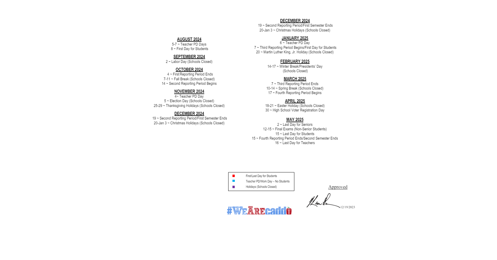 District School Academic Calendar Key for Westwood Elementary School