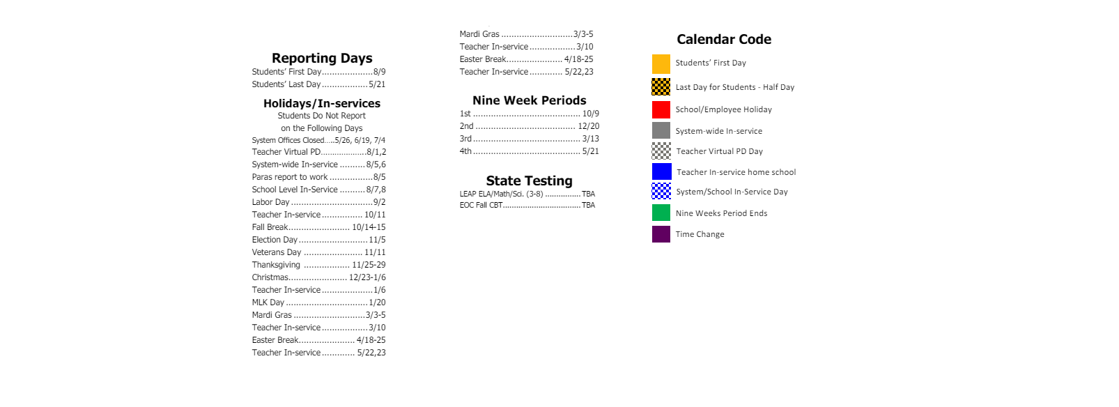 District School Academic Calendar Key for John F. Kennedy Elementary School