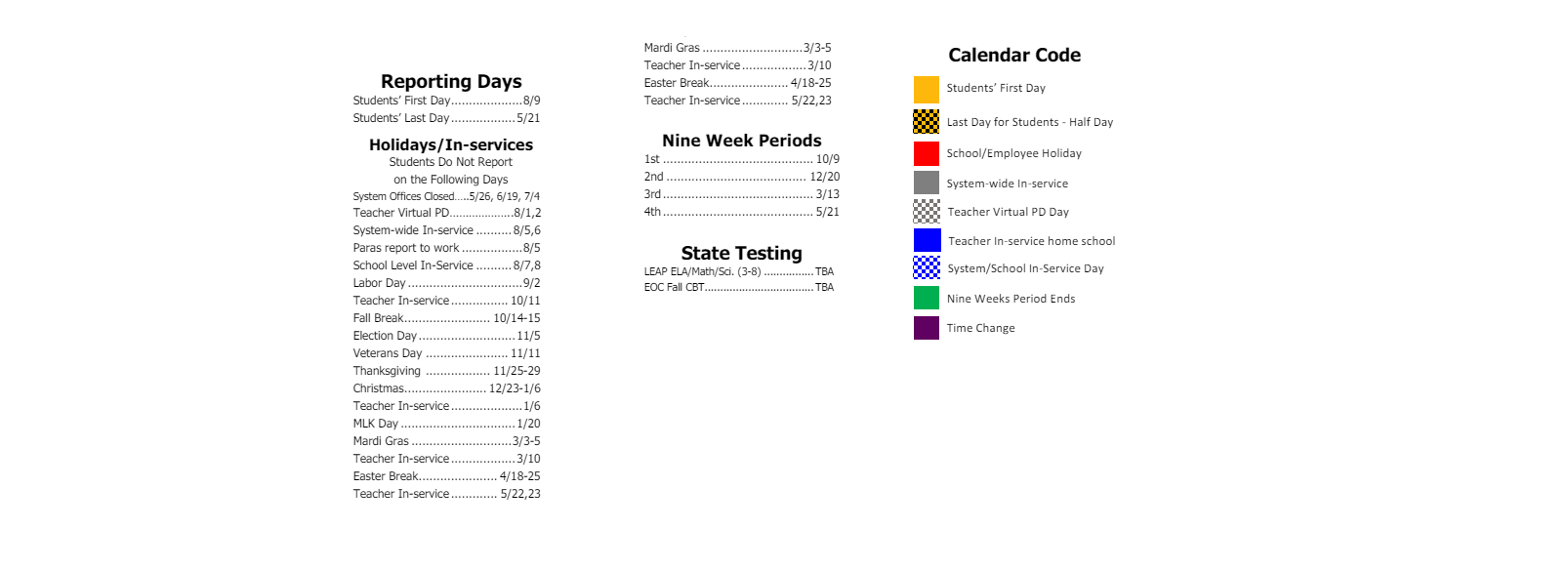 District School Academic Calendar Key for Dolby Elementary School