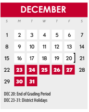 District School Academic Calendar for Rainwater Elementary for December 2024