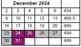 District School Academic Calendar for Wright Elementary School for December 2024