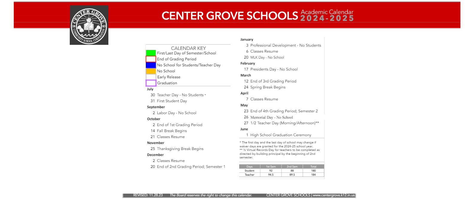 District School Academic Calendar Key for Maple Grove Elementary School