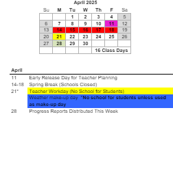 District School Academic Calendar for James Island Elementary for April 2025