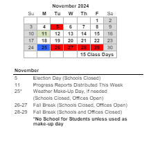 District School Academic Calendar for James Island Elementary for November 2024