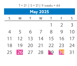 District School Academic Calendar for Woolridge Elementary for May 2025