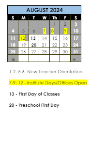 District School Academic Calendar for Independence Preschool for August 2024
