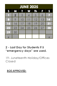 District School Academic Calendar for Gifford Street High School for June 2025