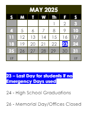 District School Academic Calendar for Willard Elem School for May 2025