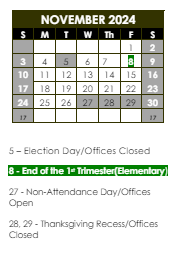 District School Academic Calendar for Ellis Middle School for November 2024