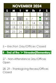 District School Academic Calendar for Wayne Elem School for November 2024