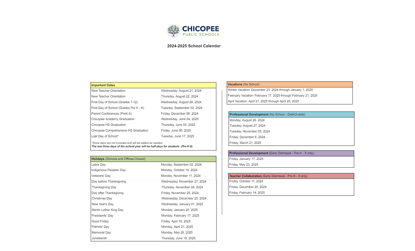 District School Academic Calendar Key for Chicopee High
