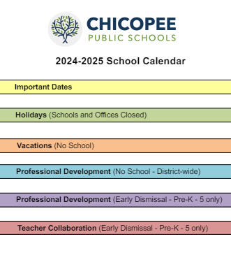 District School Academic Calendar Legend for Chicopee High