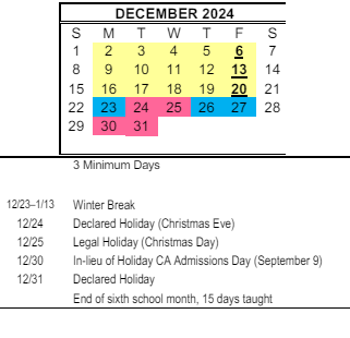 District School Academic Calendar for Sunnyside Elementary for December 2024