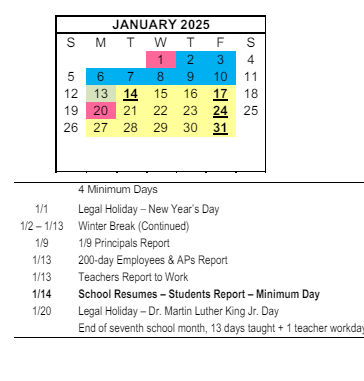 District School Academic Calendar for Eastlake Elementary for January 2025