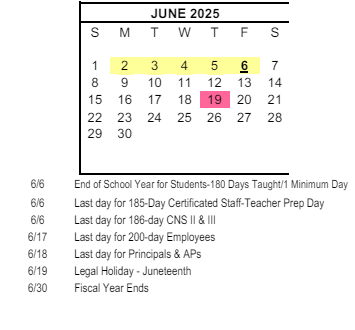 District School Academic Calendar for Anne And William Hedenkamp Elementary School for June 2025