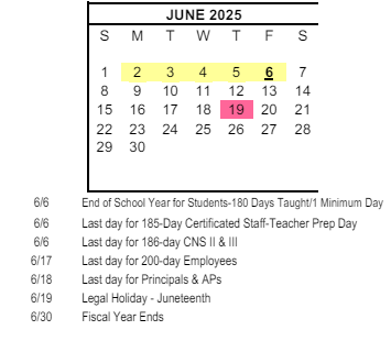 District School Academic Calendar for Veterans Elementary for June 2025