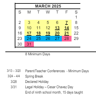 District School Academic Calendar for Kellogg (karl H.) Elementary for March 2025