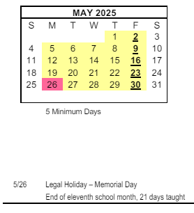 District School Academic Calendar for Anne And William Hedenkamp Elementary School for May 2025